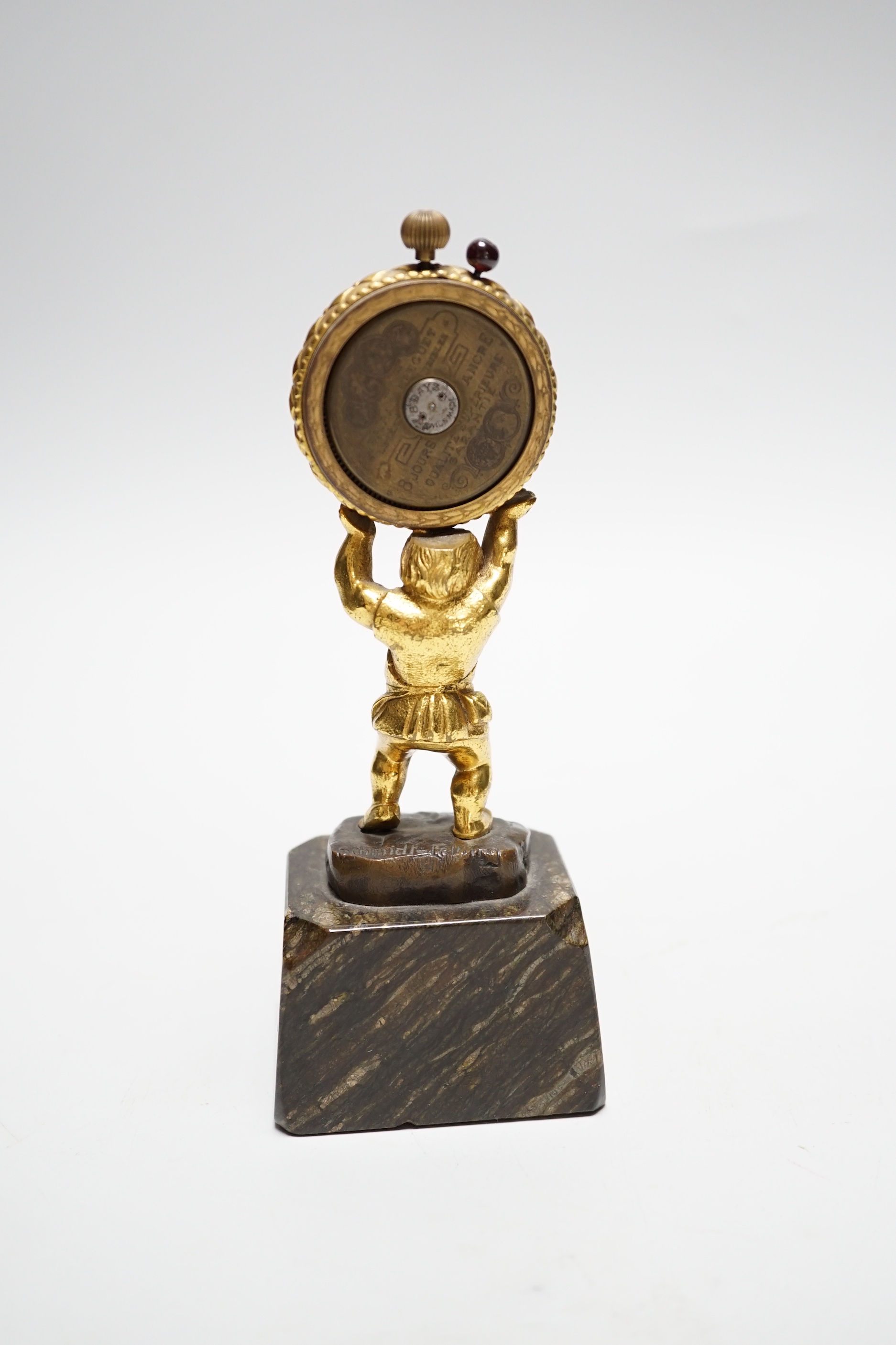 A late 19th century Palais Royal ‘Atlas’ ormolu eight day timepiece, Spiral Breguet movement, 17cm